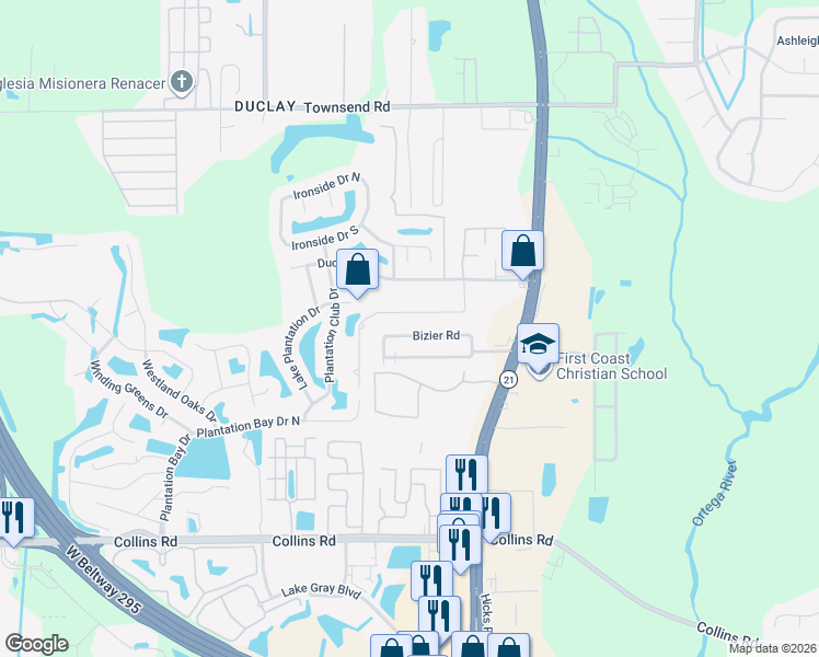 map of restaurants, bars, coffee shops, grocery stores, and more near 6221 Bizier Road in Jacksonville