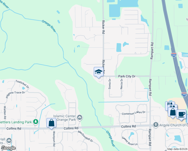 map of restaurants, bars, coffee shops, grocery stores, and more near 7480 Ricker Road in Jacksonville