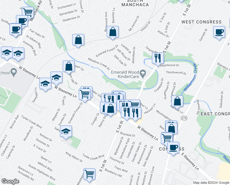 map of restaurants, bars, coffee shops, grocery stores, and more near 800A Ramble Lane in Austin