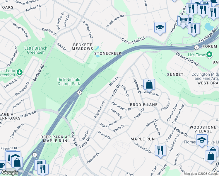 map of restaurants, bars, coffee shops, grocery stores, and more near 4805 Counts Cove in Austin