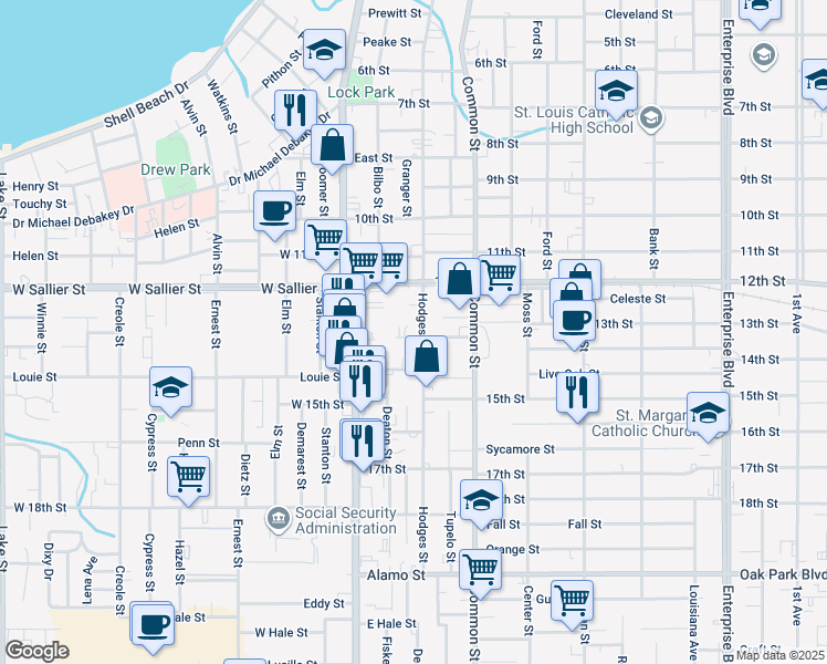 map of restaurants, bars, coffee shops, grocery stores, and more near 2128 Hodges Street in Lake Charles