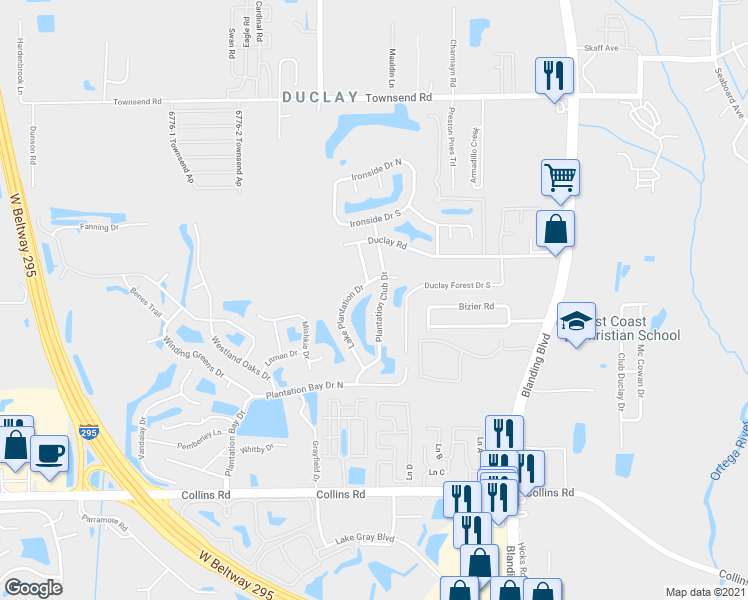map of restaurants, bars, coffee shops, grocery stores, and more near 7484 Plantation Club Drive in Jacksonville