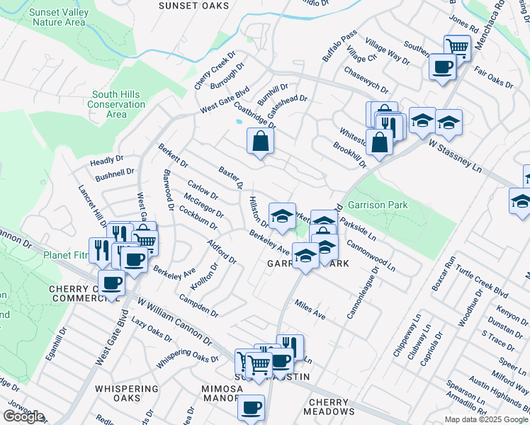 map of restaurants, bars, coffee shops, grocery stores, and more near 6206 Berkett Cove in Austin