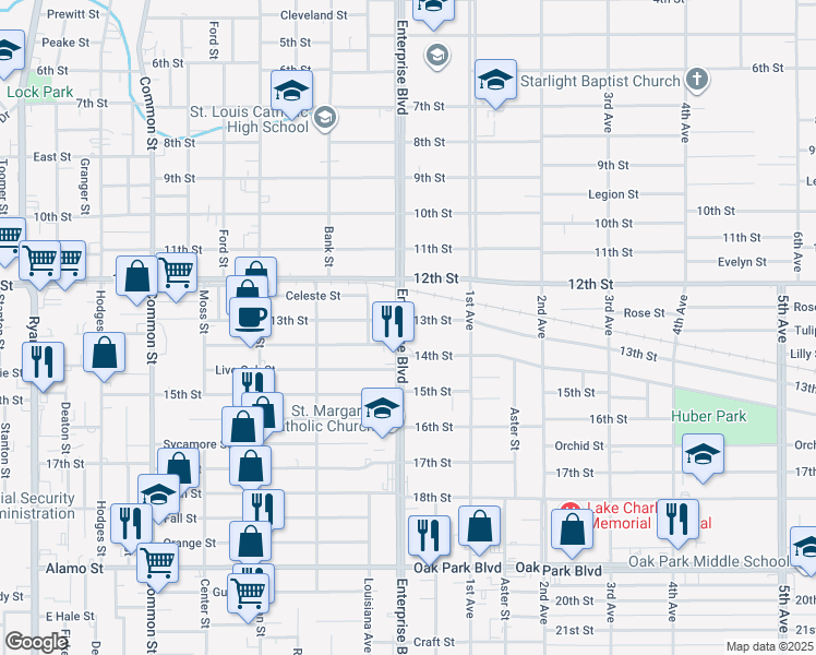 map of restaurants, bars, coffee shops, grocery stores, and more near 2101 Enterprise Boulevard in Lake Charles