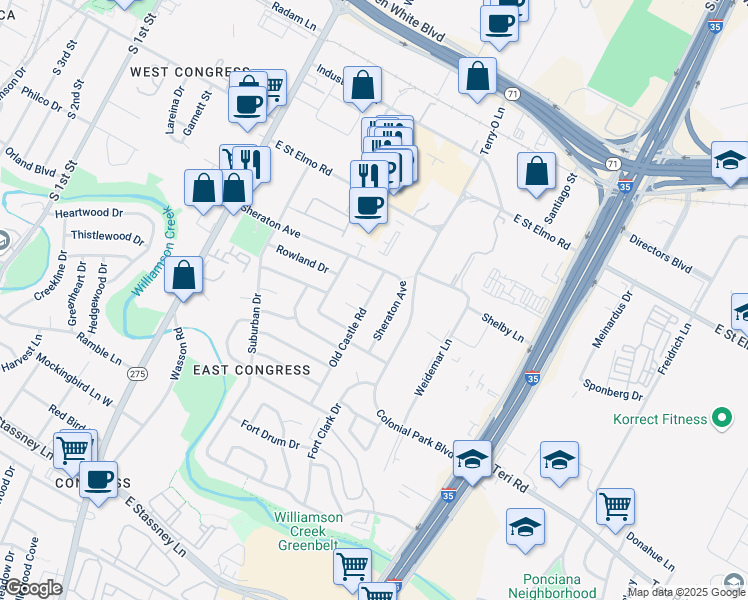 map of restaurants, bars, coffee shops, grocery stores, and more near 4701 Old Castle Road in Austin