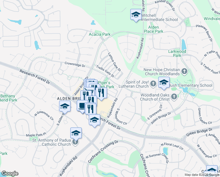 map of restaurants, bars, coffee shops, grocery stores, and more near 10 East Pipers Green Street in The Woodlands