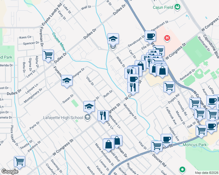 map of restaurants, bars, coffee shops, grocery stores, and more near 25 Monteigne Drive in Lafayette