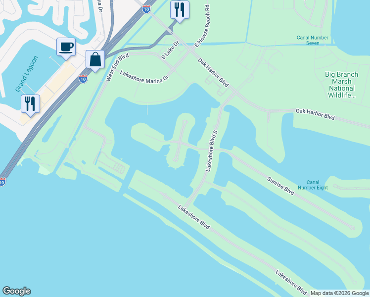 map of restaurants, bars, coffee shops, grocery stores, and more near 1085 Marina Villa South in Slidell