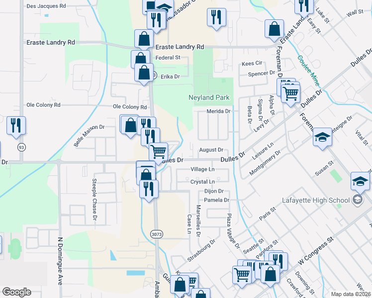 map of restaurants, bars, coffee shops, grocery stores, and more near 1326 Dulles Drive in Lafayette