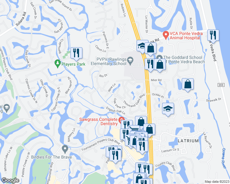map of restaurants, bars, coffee shops, grocery stores, and more near 101 Vista Lagoon Court in Ponte Vedra Beach