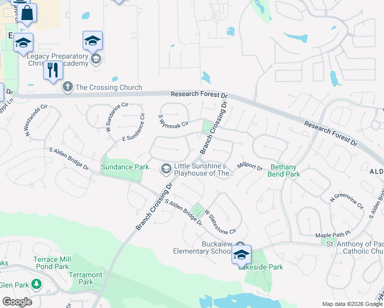map of restaurants, bars, coffee shops, grocery stores, and more near 175 South Brooksedge Circle in Spring