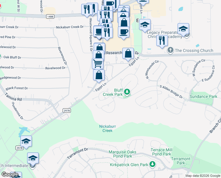 map of restaurants, bars, coffee shops, grocery stores, and more near 30 Flickering Sun Court in The Woodlands