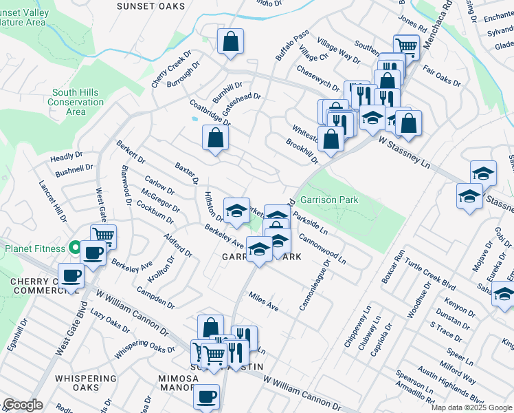 map of restaurants, bars, coffee shops, grocery stores, and more near 2202 Berkett Drive in Austin