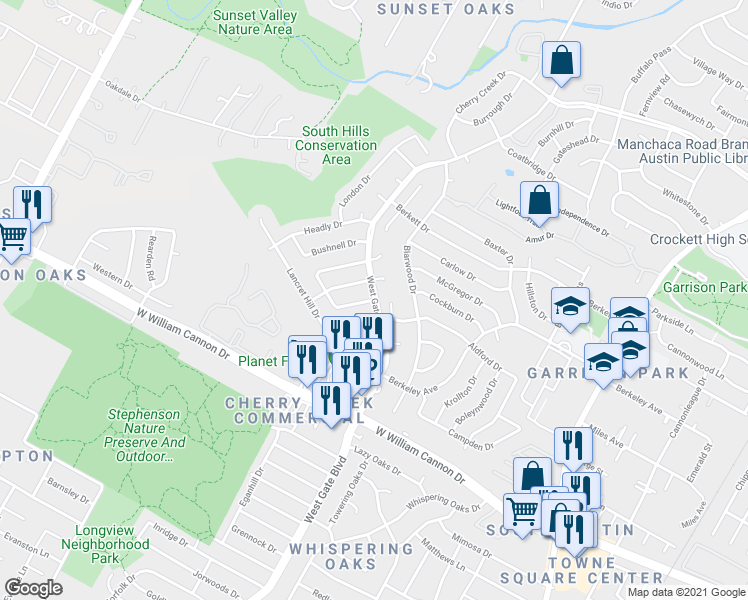 map of restaurants, bars, coffee shops, grocery stores, and more near W Gate Blvd & Nordham Dr in Austin