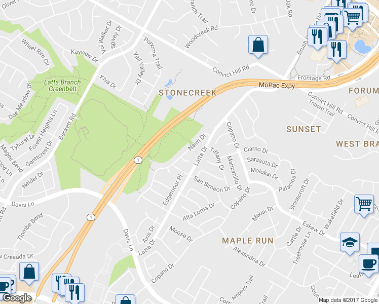 map of restaurants, bars, coffee shops, grocery stores, and more near 4805 Counts Cove in Austin