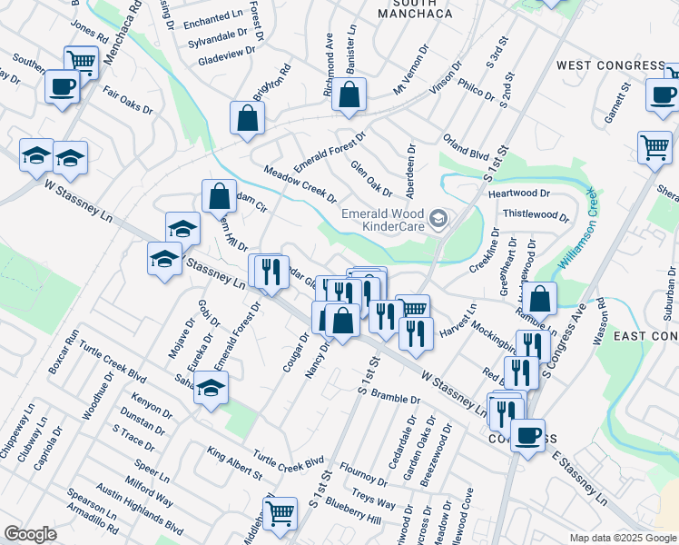 map of restaurants, bars, coffee shops, grocery stores, and more near 5420 Salem Walk Drive in Austin