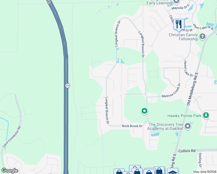 map of restaurants, bars, coffee shops, grocery stores, and more near 6504 Longleaf Branch Drive in Jacksonville