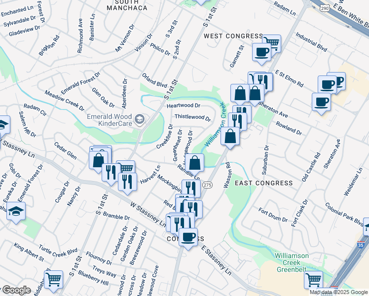 map of restaurants, bars, coffee shops, grocery stores, and more near 5106 Hedgewood Drive in Austin
