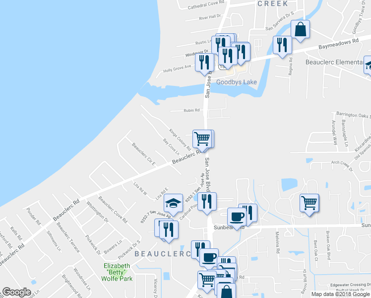 map of restaurants, bars, coffee shops, grocery stores, and more near 9180 Kings Colony Road in Jacksonville