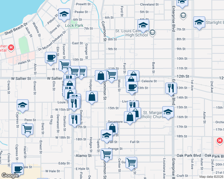 map of restaurants, bars, coffee shops, grocery stores, and more near 2101 Common Street in Lake Charles
