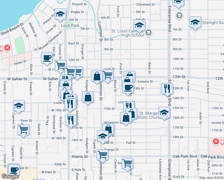 map of restaurants, bars, coffee shops, grocery stores, and more near 2101 Common Street in Lake Charles