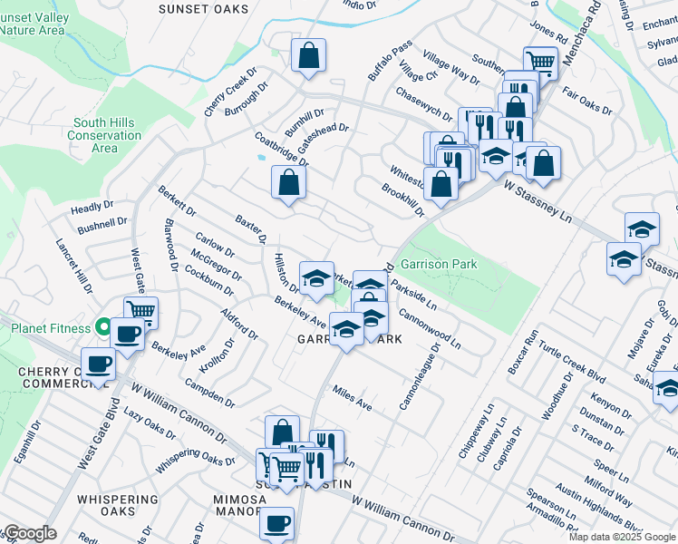 map of restaurants, bars, coffee shops, grocery stores, and more near 2202 Berkett Drive in Austin