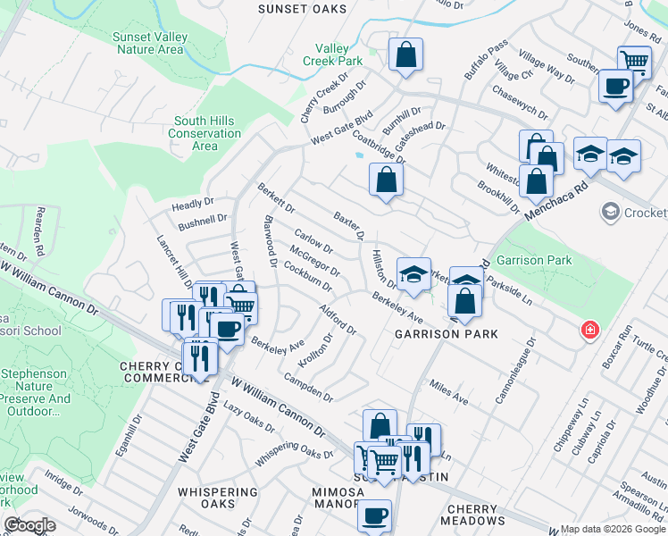 map of restaurants, bars, coffee shops, grocery stores, and more near 2515 Mc Gregor Drive in Austin