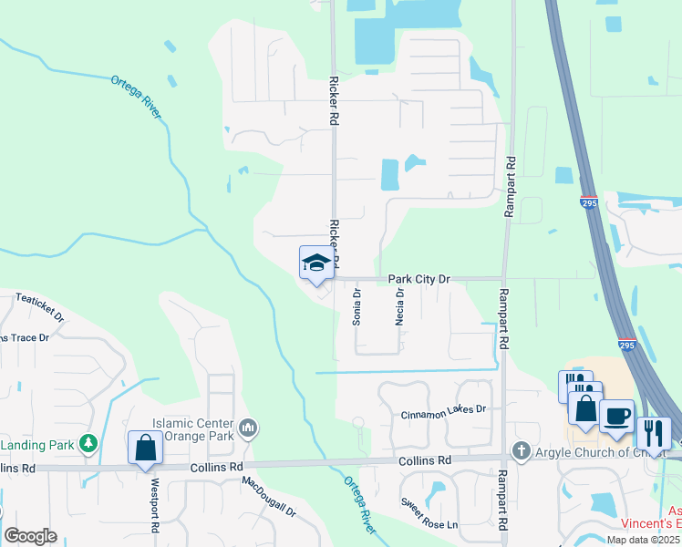map of restaurants, bars, coffee shops, grocery stores, and more near 7481 Park City Drive in Jacksonville