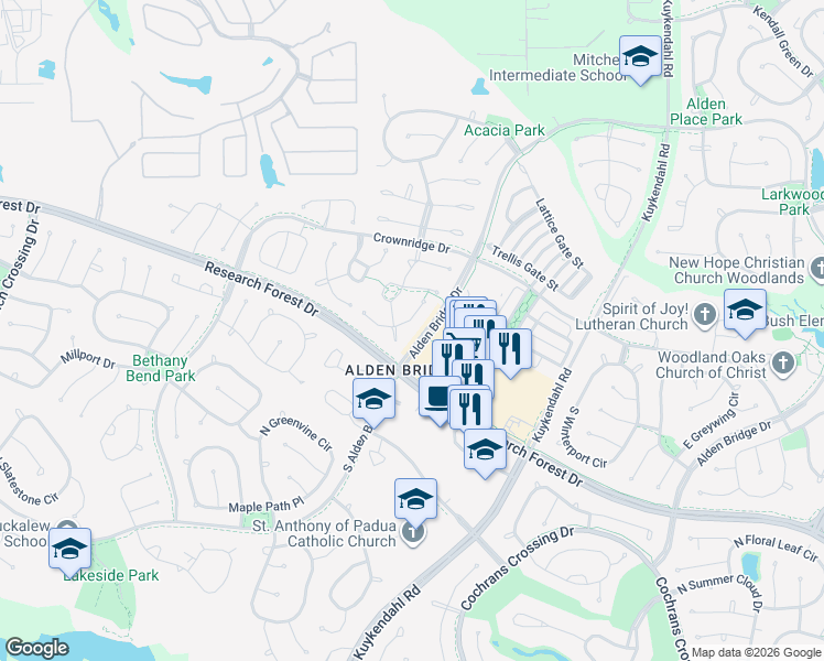 map of restaurants, bars, coffee shops, grocery stores, and more near 35 East Bellmead Place in Spring