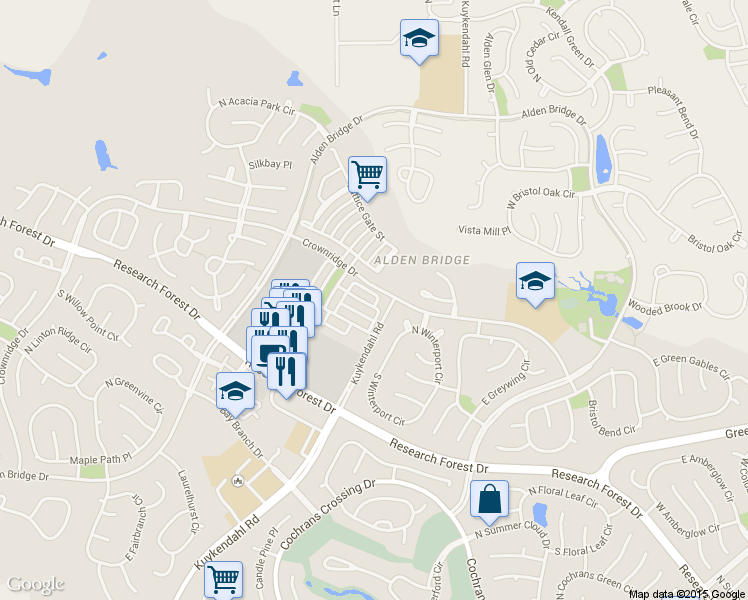 map of restaurants, bars, coffee shops, grocery stores, and more near 14 Crocus Petal Street in The Woodlands