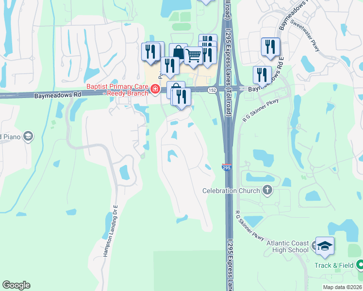 map of restaurants, bars, coffee shops, grocery stores, and more near 8711 Canopy Oaks Drive in Jacksonville