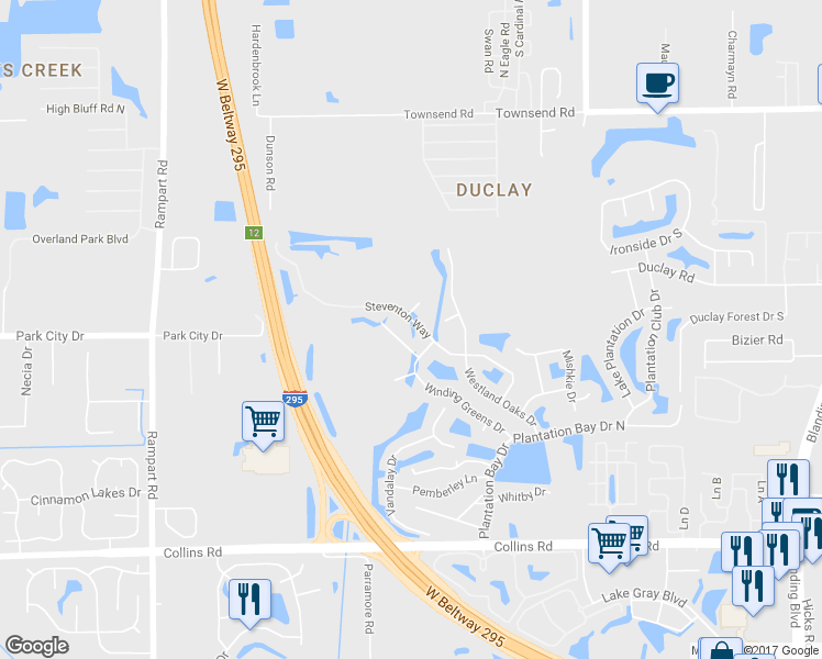 map of restaurants, bars, coffee shops, grocery stores, and more near 7400 Steventon Way in Jacksonville
