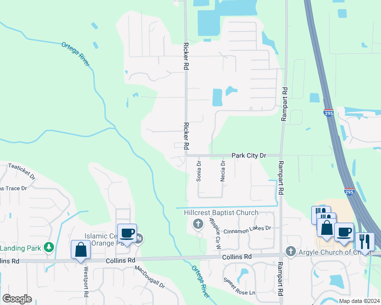 map of restaurants, bars, coffee shops, grocery stores, and more near 7481 Park City Drive in Jacksonville