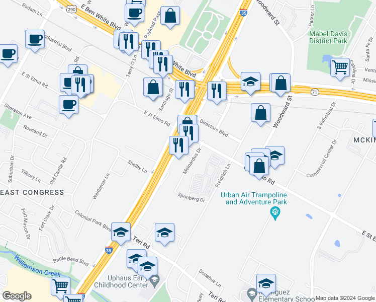 map of restaurants, bars, coffee shops, grocery stores, and more near 4415 South Interstate 35 Frontage Road in Austin