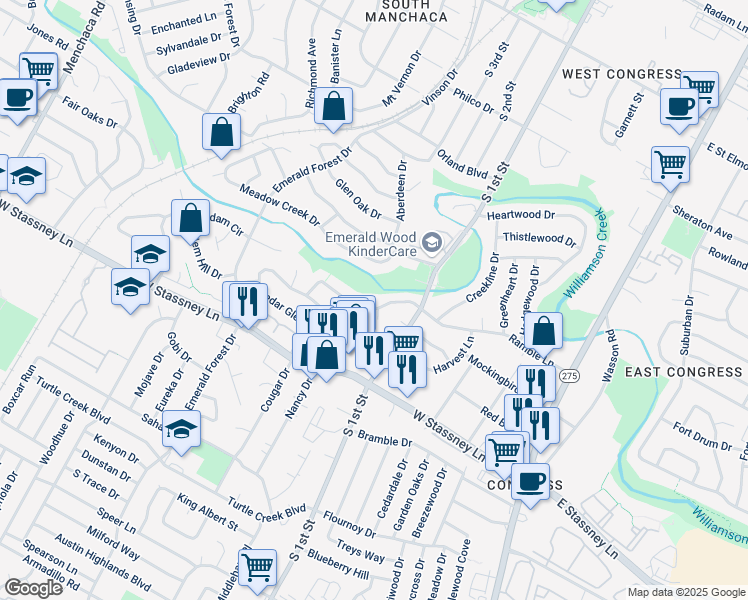 map of restaurants, bars, coffee shops, grocery stores, and more near 800A Ramble Lane in Austin