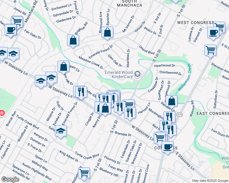 map of restaurants, bars, coffee shops, grocery stores, and more near 800A Ramble Lane in Austin