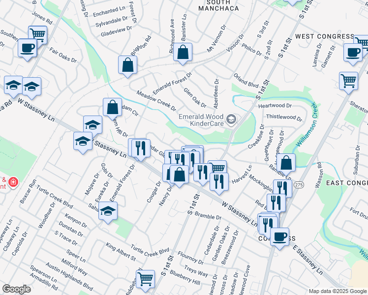 map of restaurants, bars, coffee shops, grocery stores, and more near 5420 Salem Walk Drive in Austin