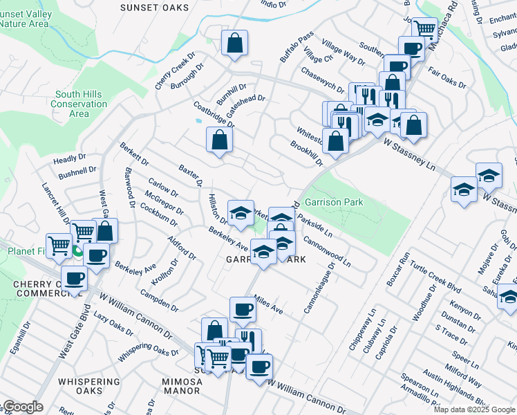 map of restaurants, bars, coffee shops, grocery stores, and more near 2202 Berkett Drive in Austin