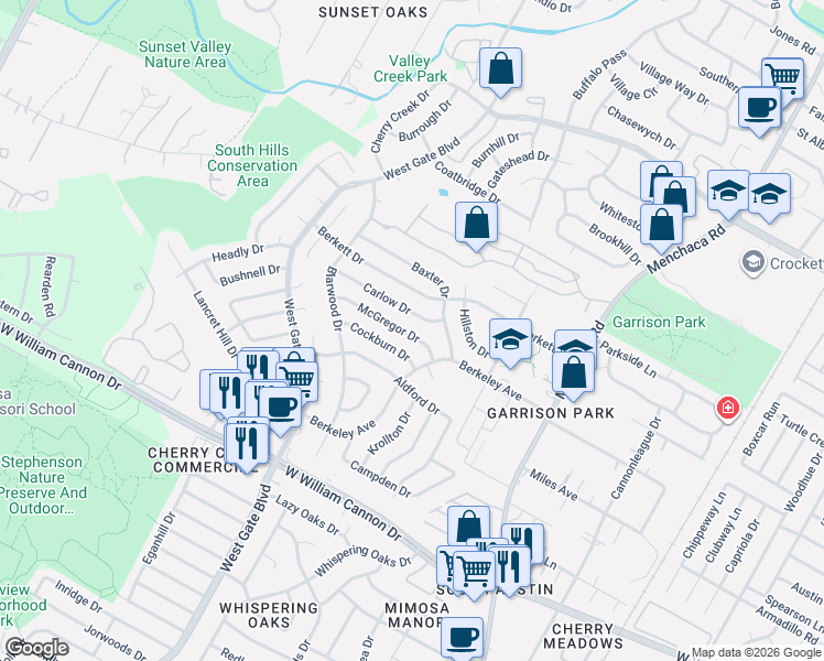 map of restaurants, bars, coffee shops, grocery stores, and more near 2515 Mc Gregor Drive in Austin