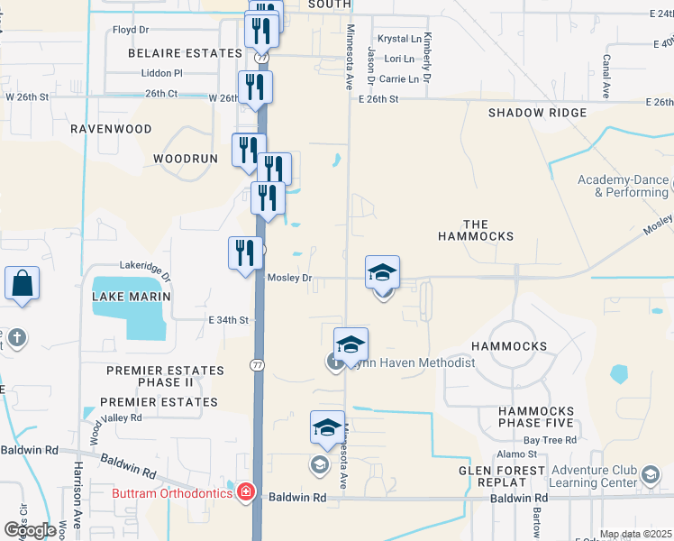 map of restaurants, bars, coffee shops, grocery stores, and more near 3004 Minnesota Avenue in Lynn Haven