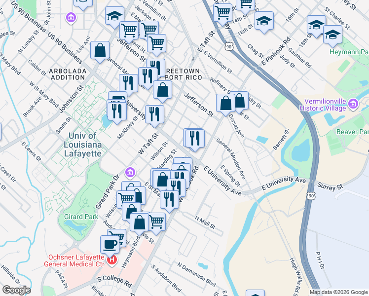 map of restaurants, bars, coffee shops, grocery stores, and more near 901 East University Avenue in Lafayette