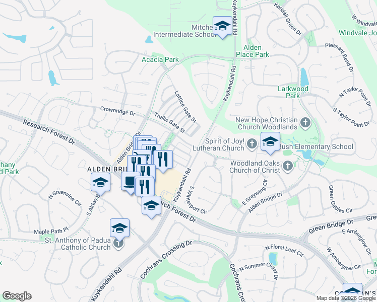 map of restaurants, bars, coffee shops, grocery stores, and more near 14 Crocus Petal Street in The Woodlands
