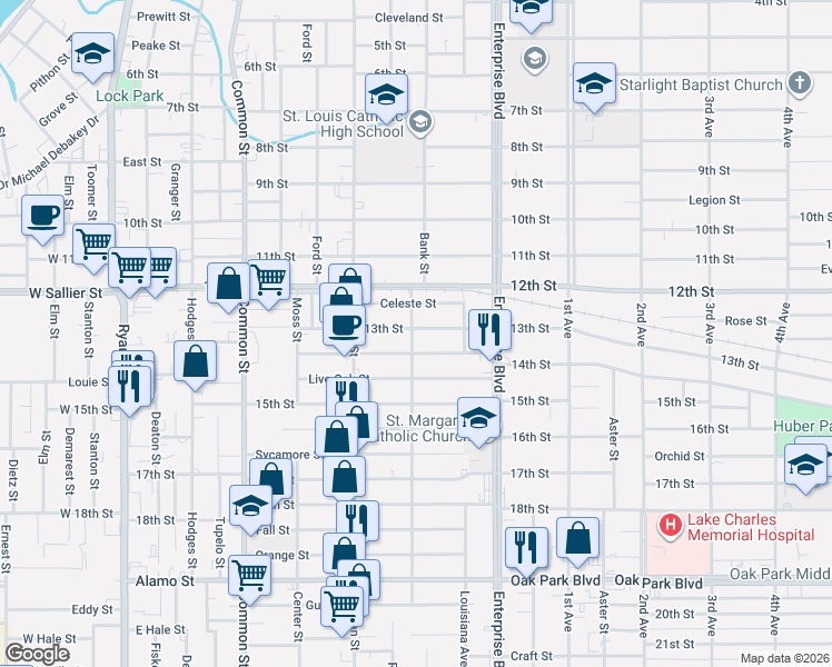 map of restaurants, bars, coffee shops, grocery stores, and more near 1002 13th Street in Lake Charles