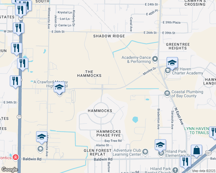 map of restaurants, bars, coffee shops, grocery stores, and more near 3127 Meadow Street in Lynn Haven