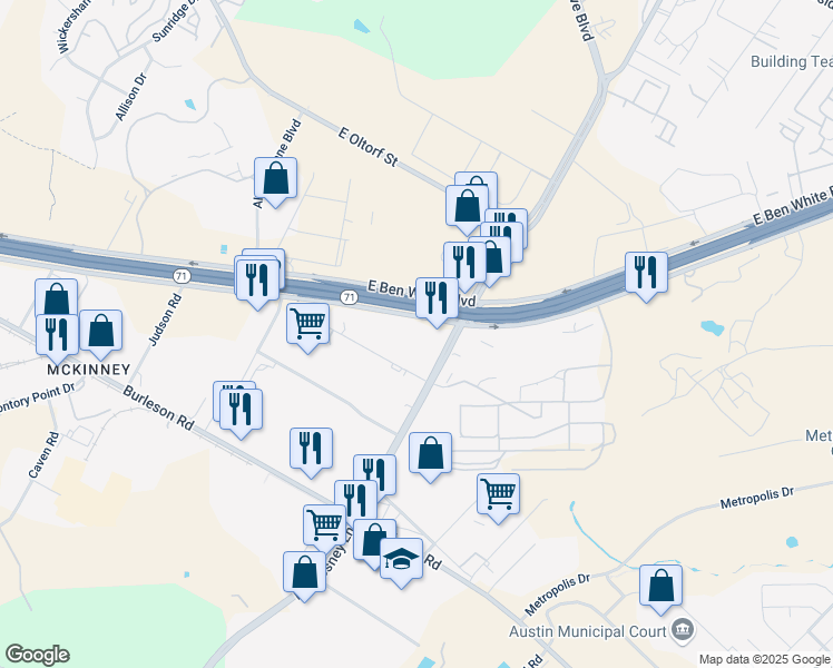 map of restaurants, bars, coffee shops, grocery stores, and more near 6117 East Ben White Boulevard in Austin