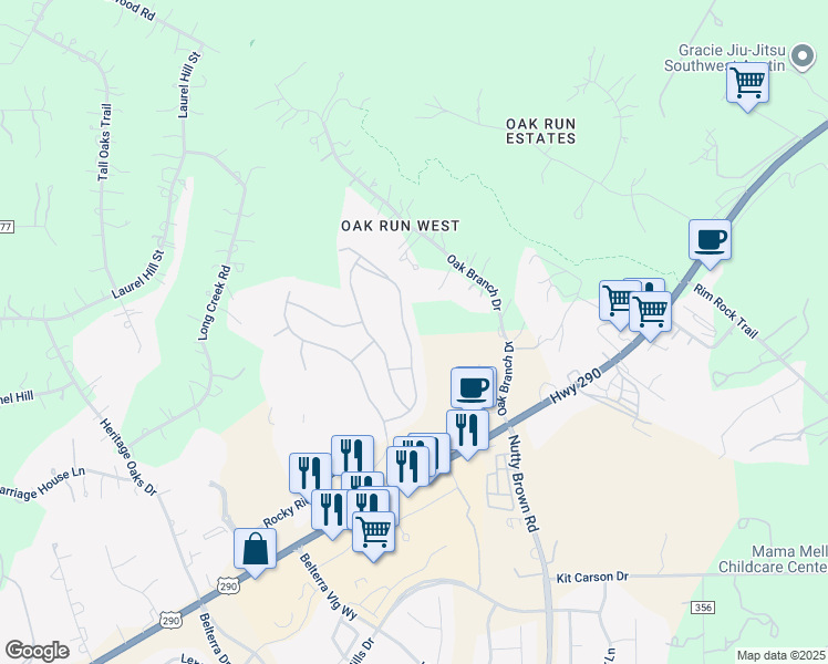 map of restaurants, bars, coffee shops, grocery stores, and more near 348 Stone View Trail in Austin
