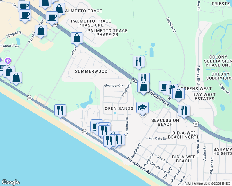 map of restaurants, bars, coffee shops, grocery stores, and more near 304 Hibiscus Avenue in Panama City Beach