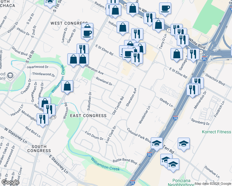 map of restaurants, bars, coffee shops, grocery stores, and more near 500 Rhonda Court in Austin