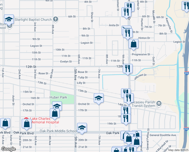 map of restaurants, bars, coffee shops, grocery stores, and more near 2237 Tulip St in Lake Charles
