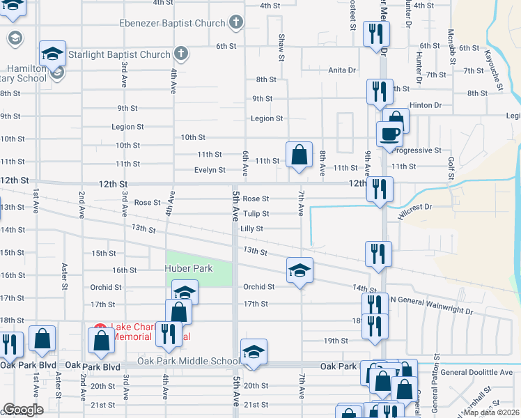 map of restaurants, bars, coffee shops, grocery stores, and more near 2217 Tulip Street in Lake Charles